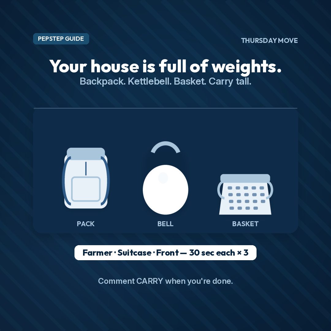 PepStep everyday carry theme graphic with backpack, kettlebell, and laundry basket